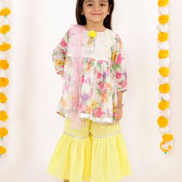 Little Bansi Three Fourth Sleeves Floral Print Kurta With Sharara & Dupatta - White & Yellow-picture-16