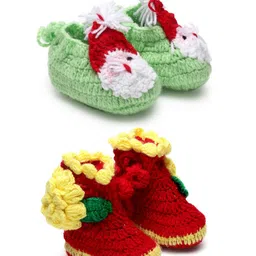 MayRa Knits Set Of 2 Hand Knitted Santa Claus Design Booties - Red Green-picture-7