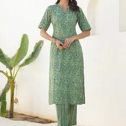 Janasya Paisley Printed Pure Cotton Straight Kurta With Trousers-56