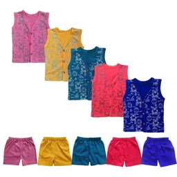 KIDDIEKISSES Kids Pack Of 5 Printed Pure Cotton Jhablas With Shorts-21