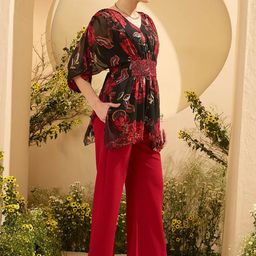 Antheaa Embellished & Printed V-Neck Top With Trouser image 3