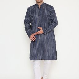 Maharaja Striped Band Collar Straight Kurta With Pyjamas-image-9