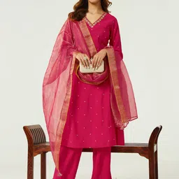 FIORRA Floral Embroidered Sequinned Chanderi Cotton A-Line Kurta with Trousers & Dupatta-44