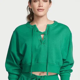 Victoria's Secret Women Cotton Fleece Lace-Up Neck Crop Sweatshirt-picture-12