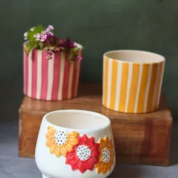 WEAVING HOMES White & Yellow 3 Pieces Striped & Floral Bliss Ceramic Planters-picture-41