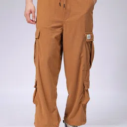 The Indian Garage Co Men Textured Flared Corduroy Cargos Trousers-image-50