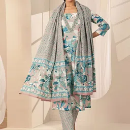 Libas Floral Printed Mirror Work Straight Kurta With Trousers & Dupatta-46