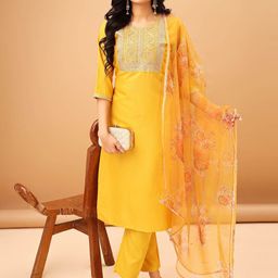 TRAHIMAM Women Embroidered Regular Kurta with Trousers & With Dupatta-17