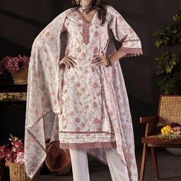 Anouk Floral Printed V-Neck Thread Work Pure Cotton Straight Kurta With Trousers & Dupatta-image-68