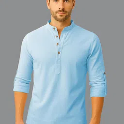 Yugnik Men Band Collar Roll-Up Sleeves Straight Cotton Kurta-picture-24