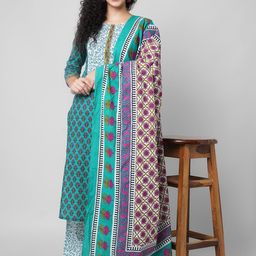 HERE&NOW Women Floral Printed Cotton Kurta with Palazzo & Dupatta-picture-20
