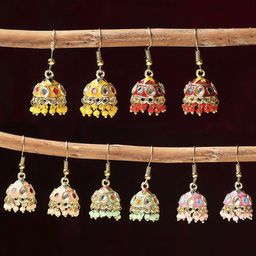 Anouk Set Of 5 Kundan Studded & Beads Beaded Meenakari Dome Shaped Jhumkas-57
