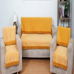 Fashion Throw Yellow 6 Pieces Self Design 5 Seater Velvet Sofa Covers-image-48