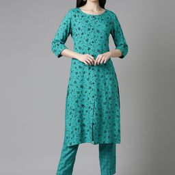 Anouk Turquoise Blue Floral Printed Round-Neck Front Slit Kurta With Trouser-28