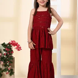 Muffin Shuffin Girls Ethnic Motifs Embroidered Regular Sequinned Top with Sharara-image-31