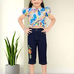 Lei-Chie Girls Printed Short Sleeves Linen Crop Shirt With Capris-picture-27