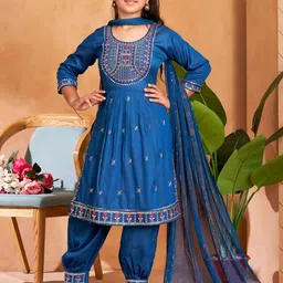 Aarika Girls Ethnic Motifs Embroidered Pleated Thread Work Kurta with Patiala & With Dupatta-image-53