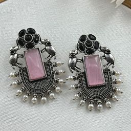 NAMAN ARTS Silver-Plated Artificial Stones Studded & Beaded Oxidised Animal Shaped Studs-picture-28