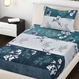 FABINALIV Blue & White Floral 300 TC Single Bedsheet with 1 Pillow Covers-picture-37
