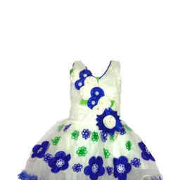 Samjho Fashion Girls White Blue Floral Embellished Georgette Knee Length Fit & Flare Dress-picture-42