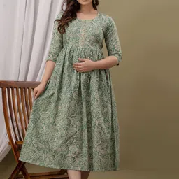 FEMARY Fit and Flare Cotton Printed Maternity Midi Dress-image-20