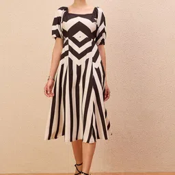 Antheaa Women Striped Puff Sleeve Layered Fit & Flare Midi Dress-image-51