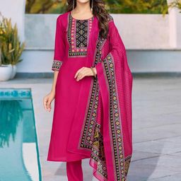 MOJILAA Ethnic Motifs Yoke Design Straight Kurta With Trousers & Dupatta-40