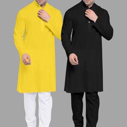VS MALL Yellow Cotton Blend Kurta Sets-image-100