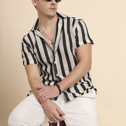 HERE&NOW Men Classic Multi Stripes Crochet Semi Sheer Shirt-image-65
