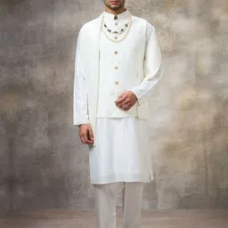 Rivaar By Rocky Star Mandarin Collar Straight Kurta With Pyjamas And Nehru Jacket-image-63