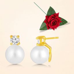 Peora Gold-Plated Cubic Zirconia Studded & Pearls Geometric Shaped Studs With Red Rose-17