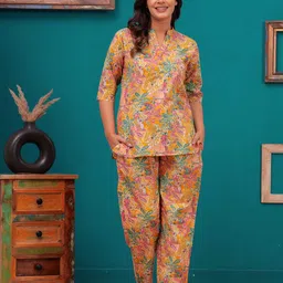 Nevisha Style Floral Printed Mandarin Collar Pure Cotton Tunic With Trouser-46
