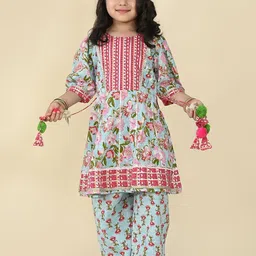 LIL PITAARA Girls Floral Printed Regular Gotta Patti Pure Cotton Kurti with Palazzos-picture-15