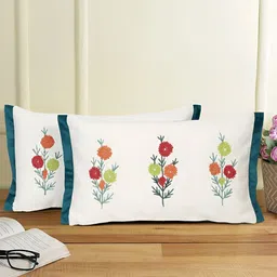 eyda White & Blue 2 Pieces Floral Printed Rectangle Cotton Cushion Covers-image-78