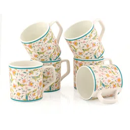 CLAY CRAFT 6 Pcs Orange & White Printed Ceramic Glossy Cups - 220 ML Each image 2
