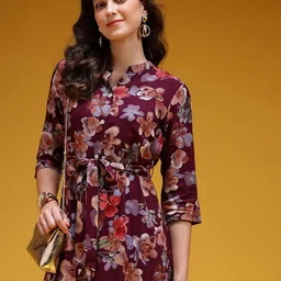 HERE&NOW Floral Printed Mandarin Collar Button-Down Ethnic Midi A-Line Dress with Belt-image-33