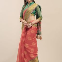 Mitera Pink & Gold-Coloured Linen Blend Printed Saree-image-21