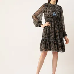 Antheaa Floral Tie-Up Neck Chiffon A-Line Dress-picture-19