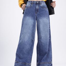 glitchez Women Frayed Edge Palazzo Fit Faded Jeans-image-37