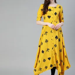 Blissta Women Mustard Yellow Printed A-Line Kurta-56