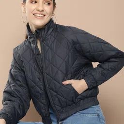 HERE&NOW Solid Mock-Collar Padded Jacket-image-4
