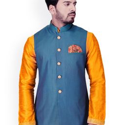 Manu Blue Solid Nehru Jacket-35