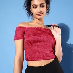 ANVI Be Yourself Pink Off-Shoulder Smocked Bardot Crop Top-image-30