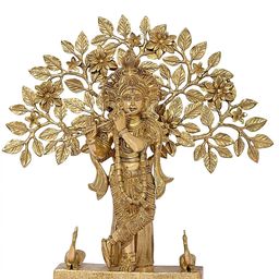 Exotic India Gold Toned Krishna in Tribhanga Fluting Under the Magnificent Tree Showpiece-image-1