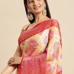 RACHNA Cream-Coloured & Yellow Floral Print Brasso Saree-image-86
