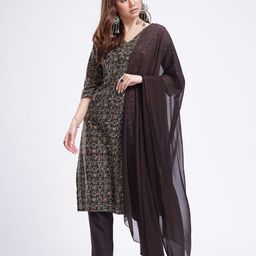 Anouk Rustic V-Neck Floral Printed Kurta With Trousers & Dupatta image 3
