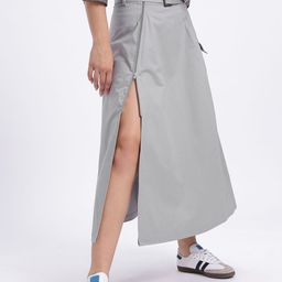 glitchez High-Slit Paneled Midi Flared Skirt with Belt-image-85
