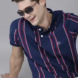 THE BEAR HOUSE Men Blue & Red Yarndyed Polo Collar Slim Fit T-shirt-image-81