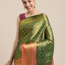 MIMOSA Green & Pink Ethnic Motifs Saree-image-57