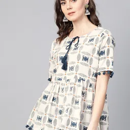 Azira Women Off-White & Navy Printed A-Line Top-image-41